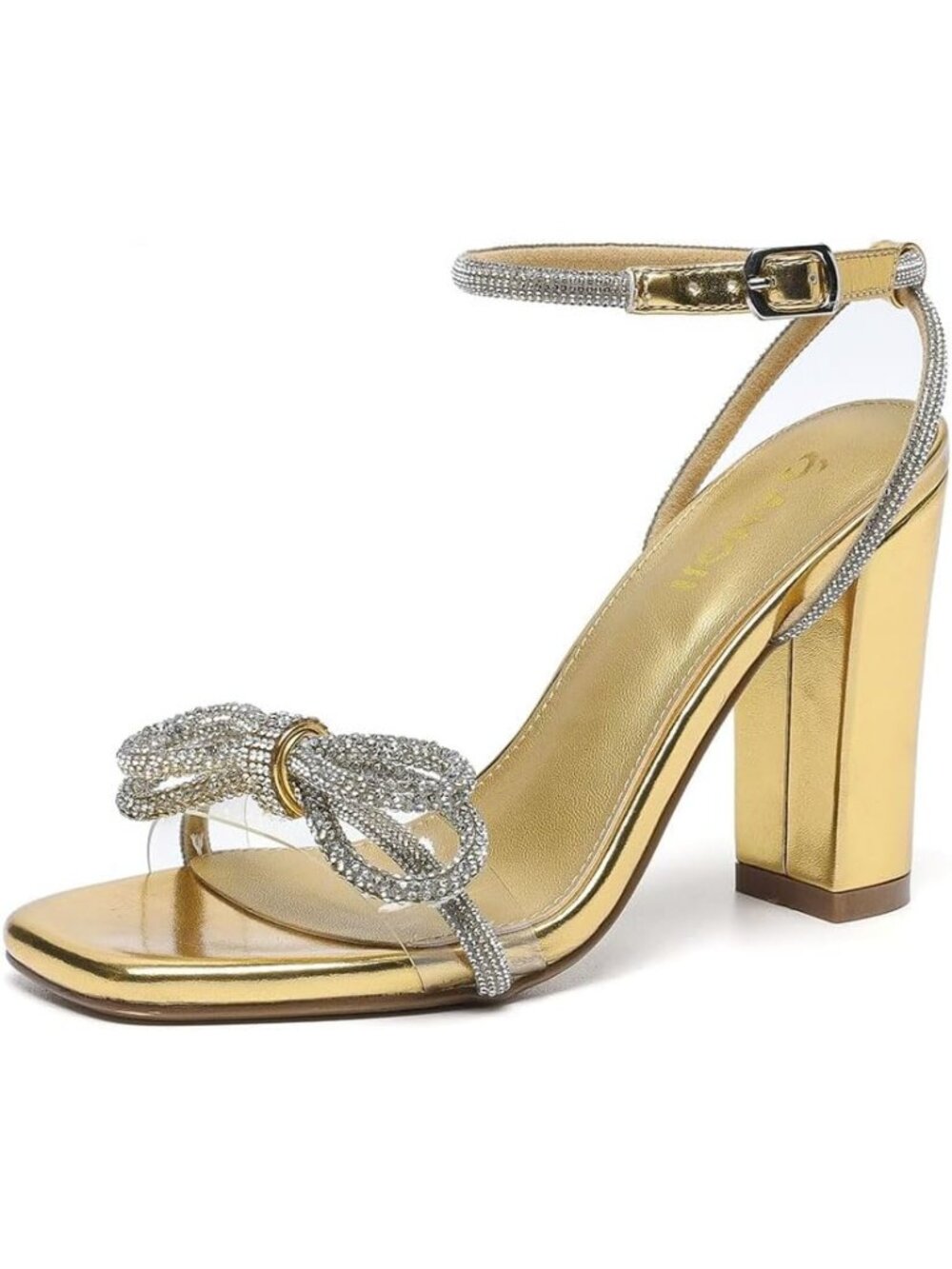 Women's Pu Gold 4 Inch Rhinestone Bowknot Block Heels Open Toe Heeled Sandals